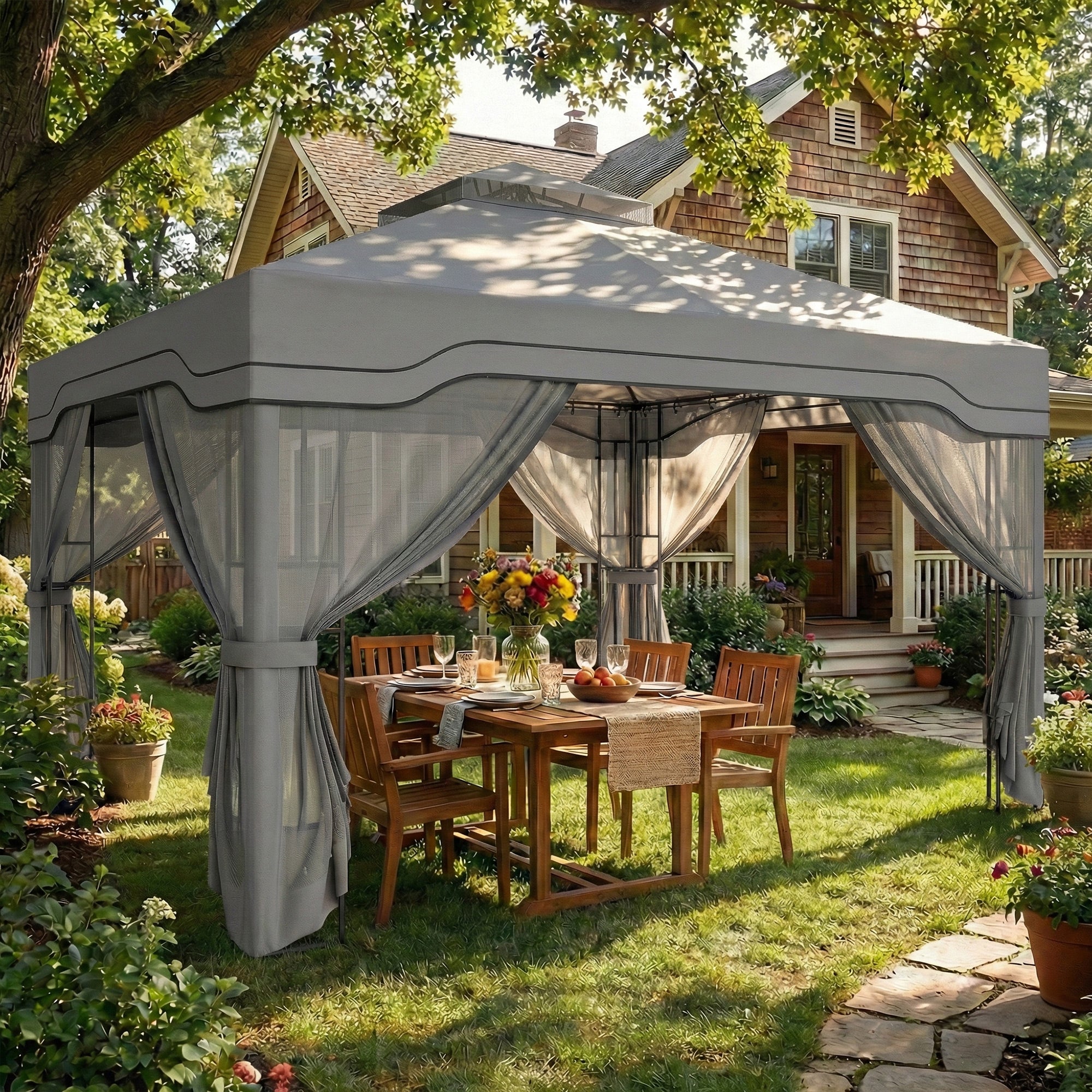 Outsunny 3 x 3.6 m Outdoor Garden Gazebo with Post Shelves, UPF50+ Patio Permanent Pavilion with Hook, Dark Grey 