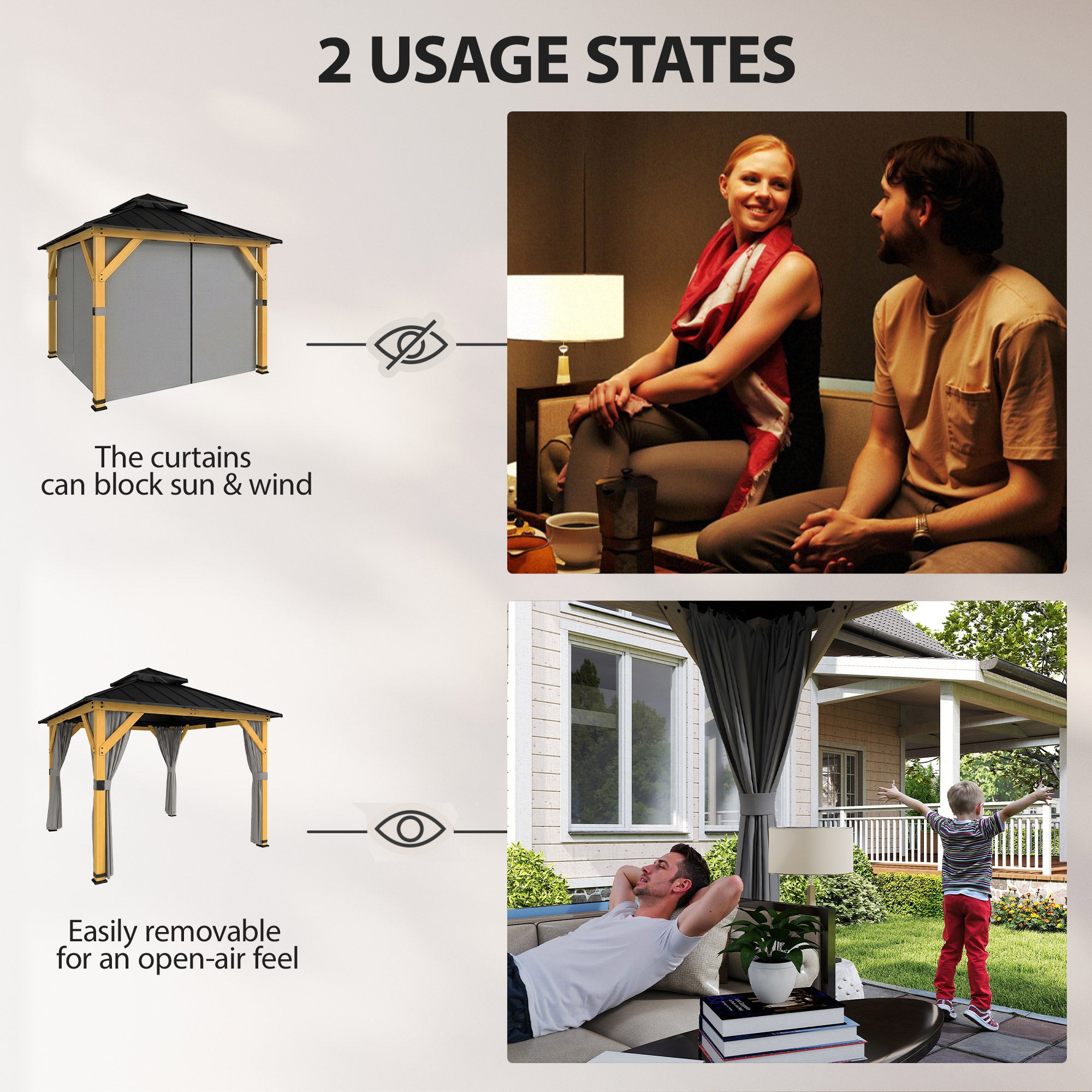 Outsunny 3 x 3 m Outdoor Hardtop Gazebo Canopy with 2-Tier Steel Roof, Wood Garden Gazebo with Curtains, Grey 