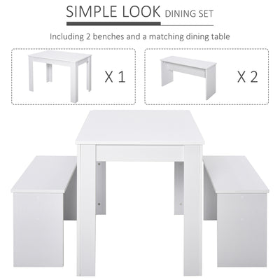 HOMCOM Kitchen Dining Table and 2 Benches Set, Table and Chairs Set for Limited Space, White 