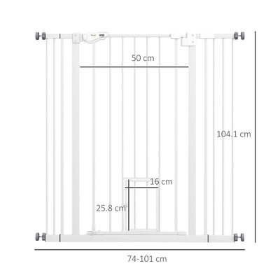 PawHut Extra Tall Pet Gate, Indoor Dog Safety Gate, with Cat Flap, Auto Close, 74-101cm Wide - White 