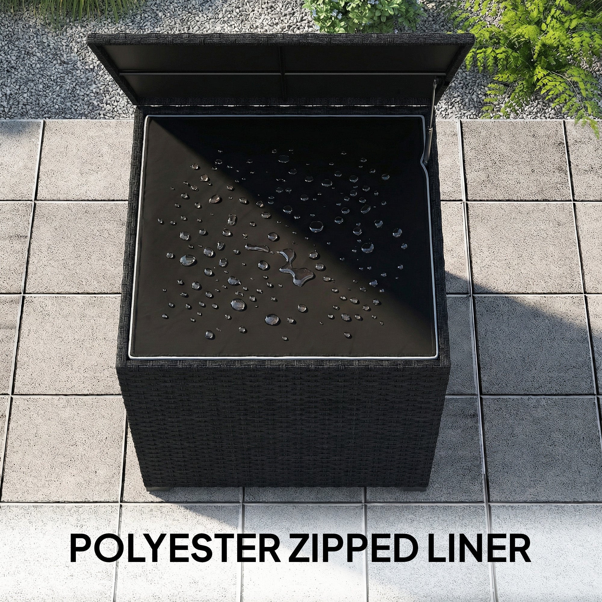 Outsunny 253L Garden Storage Box, Rattan Deck Box with Zipped Liner, Safe Pneumatic Rod, Patio Storage Container, Black 