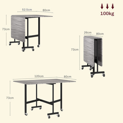 HOMCOM Six-Seater Drop-Leaf Dining Table, with Wheels - Grey Wood-Effect 