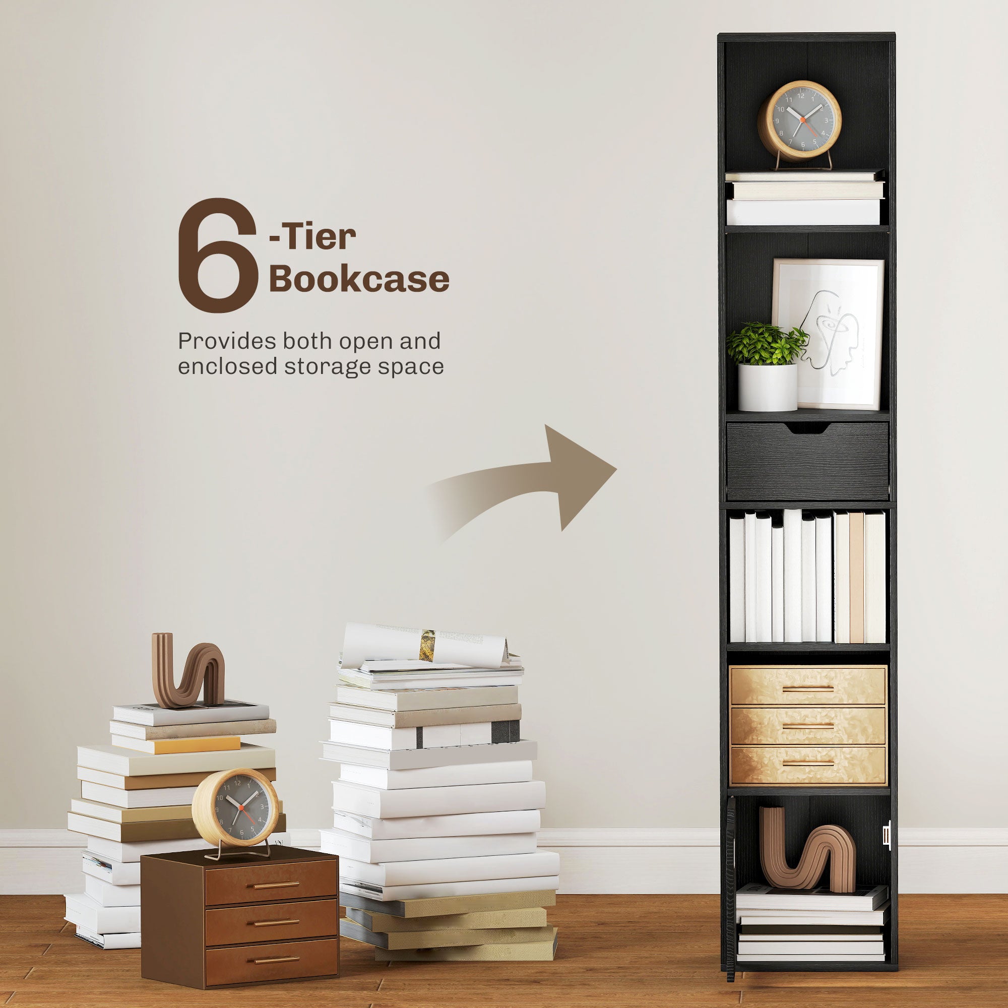 HOMCOM 6-Tier Bookcase, Tall Narrow Bookshelf with Drawer and Door - Black 