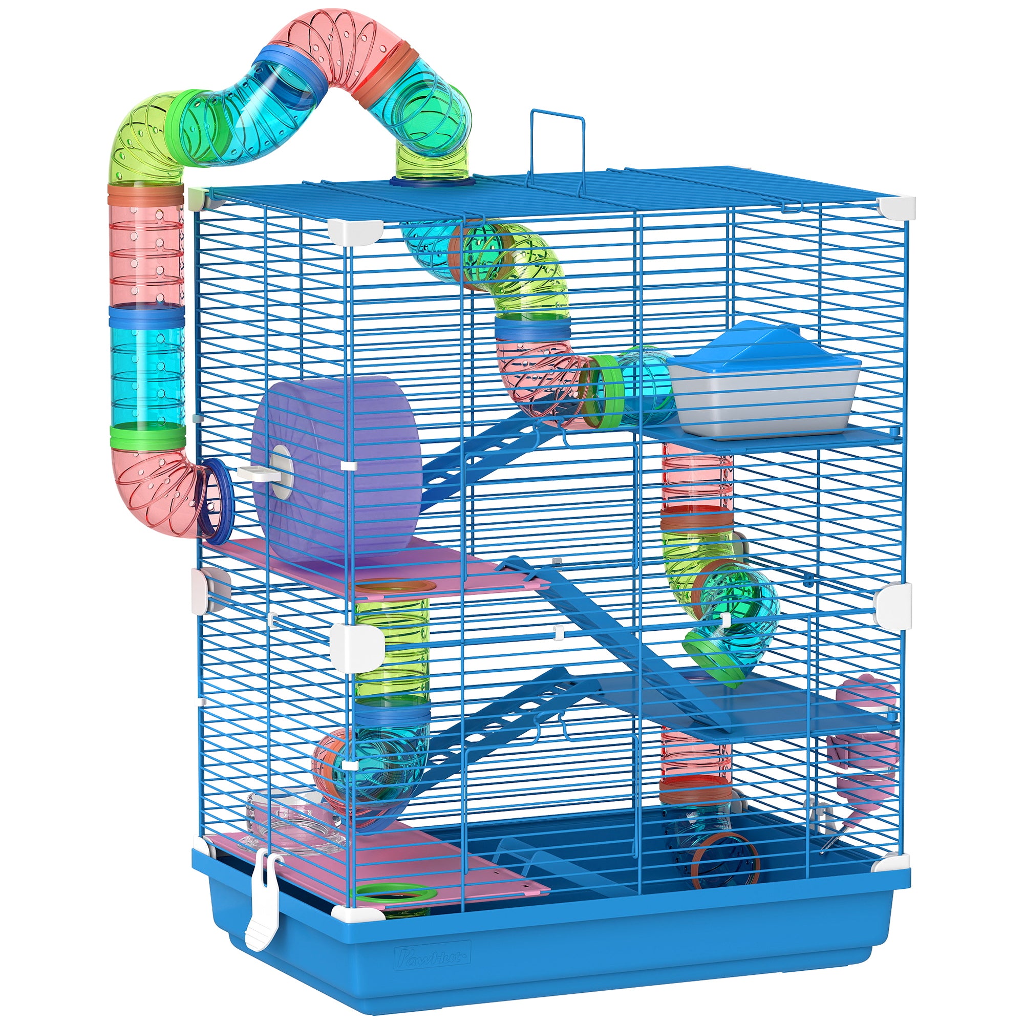 PawHut 5 Tier Hamster Cage Carrier Habitat w/ Exercise Wheels, Tunnel, Blue 