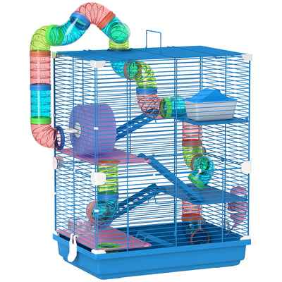 PawHut 5 Tier Hamster Cage Carrier Habitat w/ Exercise Wheels, Tunnel, Blue 