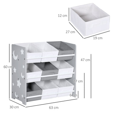 ZONEKIZ Kids Storage Rack, with Nine Removable Baskets, for Nursery, Bedroom, Playroom - Grey 