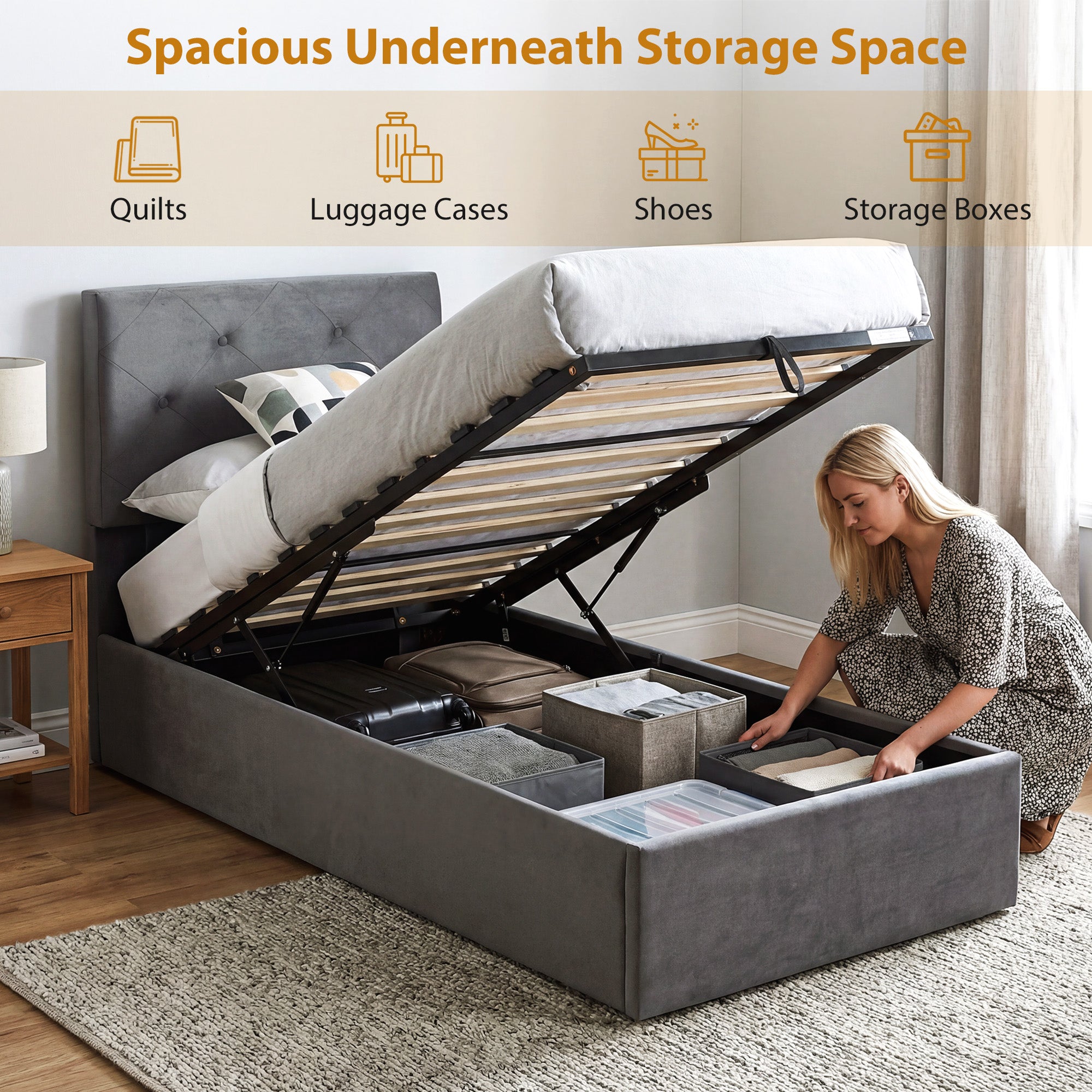 HOMCOM Single Bed Frame Gas Side Lift Under Bed Storage Upholstered Platform Bed Tufted Headboard for 90 x 190 cm Mattress 