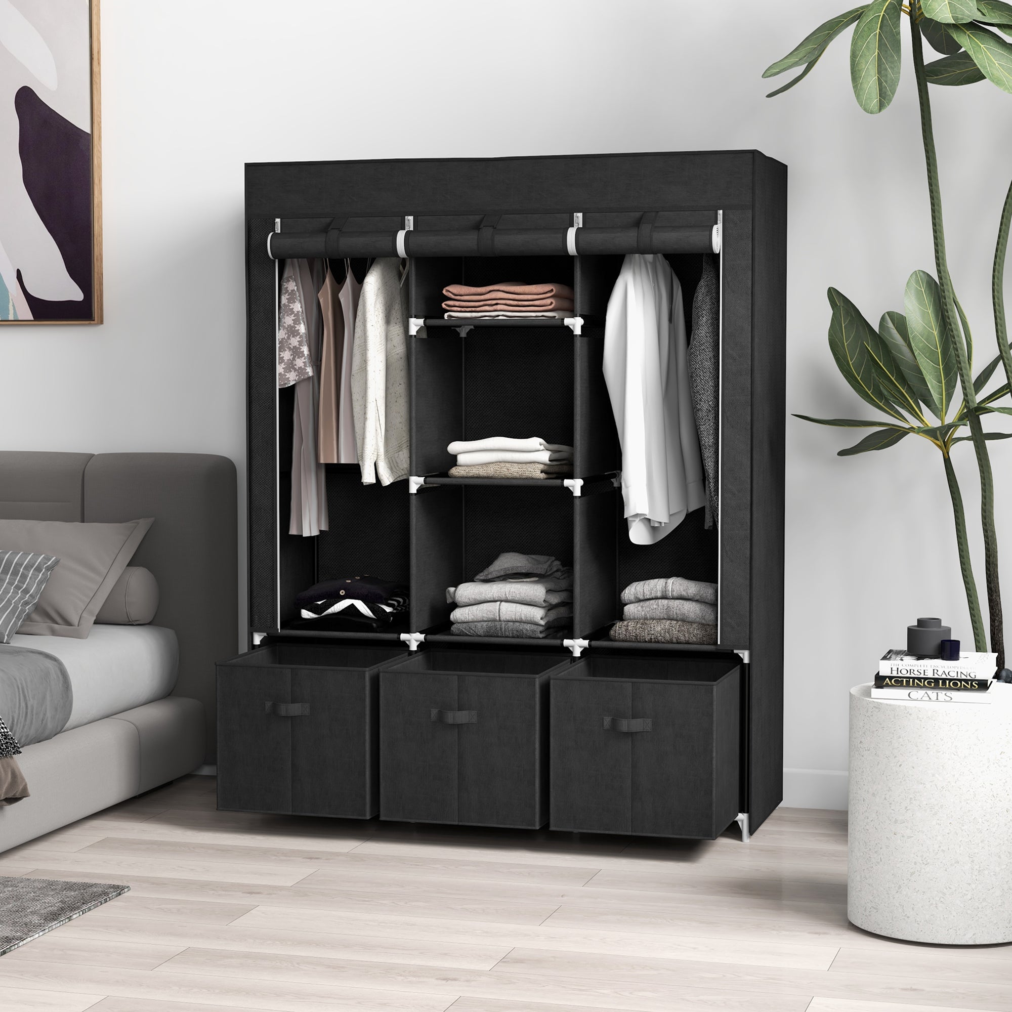 HOMCOM Foldable Fabric Wardrobe for Bedroom, Portable Wardrobe with 5 Shelves, 2 Hanging Rails and 3 Fabric Drawers, Black 
