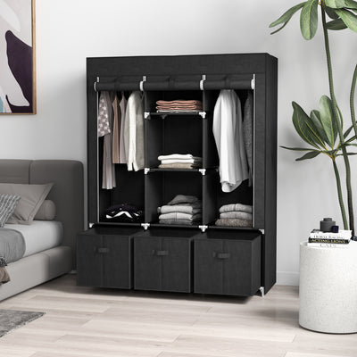 HOMCOM Foldable Fabric Wardrobe for Bedroom, Portable Wardrobe with 5 Shelves, 2 Hanging Rails and 3 Fabric Drawers, Black 
