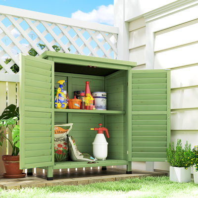 Outsunny Garden Shed Wooden Garden Storage Shed 2 Door Unit Solid Fir Wood Garage Tool Organisation Cabinet, 87L x 46.5W x 96.5Hcm, Green 