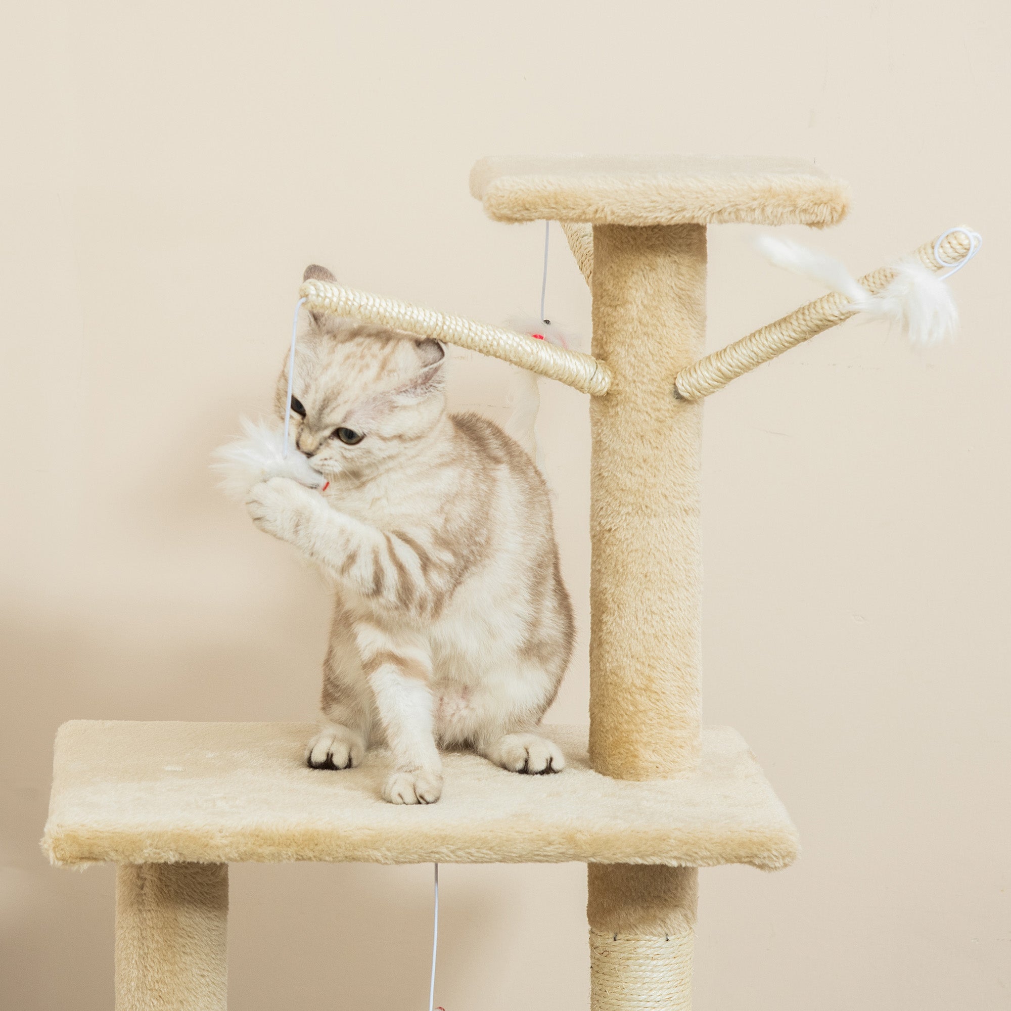 PawHut Cat Tree for Indoor Cats 135cm Kitten Tower Scratching Post Kitty Scratcher Climbing Tower with Ladder, Beige 