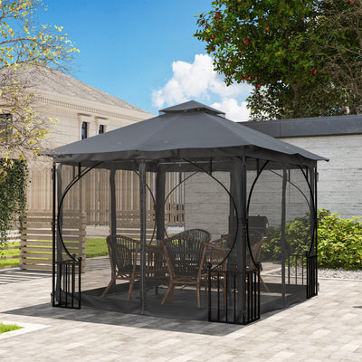 Outsunny 3 x 3(m) Garden Gazebo Patio Party Tent Shelter Outdoor Canopy Double Tier Sun Shade Metal Frame Netting, Dark Grey 