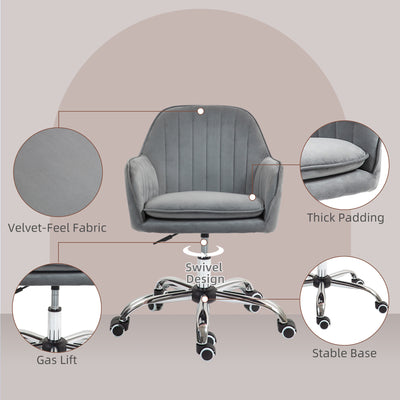 HOMCOM Office Chair, Swivel Desk Chair, Velvet-Feel Fabric Vanity Chair with Adjustable Height and Rolling Wheels for Home Work Study, Grey 