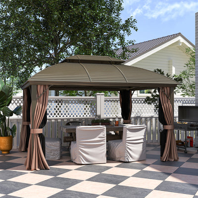 Outsunny 3.65 x 3(m) Hardtop Steel Gazebo Canopy with Aluminium Frame, Double Roof, Net Sidewalls and Curtains, Coffee 