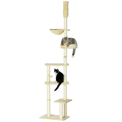 PawHut Floor to Ceiling Cat Tree for Indoor Cats, 6-Tier Play Tower Climbing Activity Center with Scratching Post, Platforms, Bed, Hammock, Adjustable Height 230-250cm, Beige 