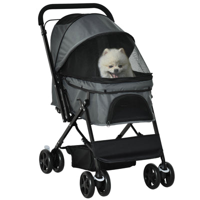 PawHut Pet Stroller Pushchair Foldable Travel Dog Cat Carriage w/ Reversible Handle Brake Basket 