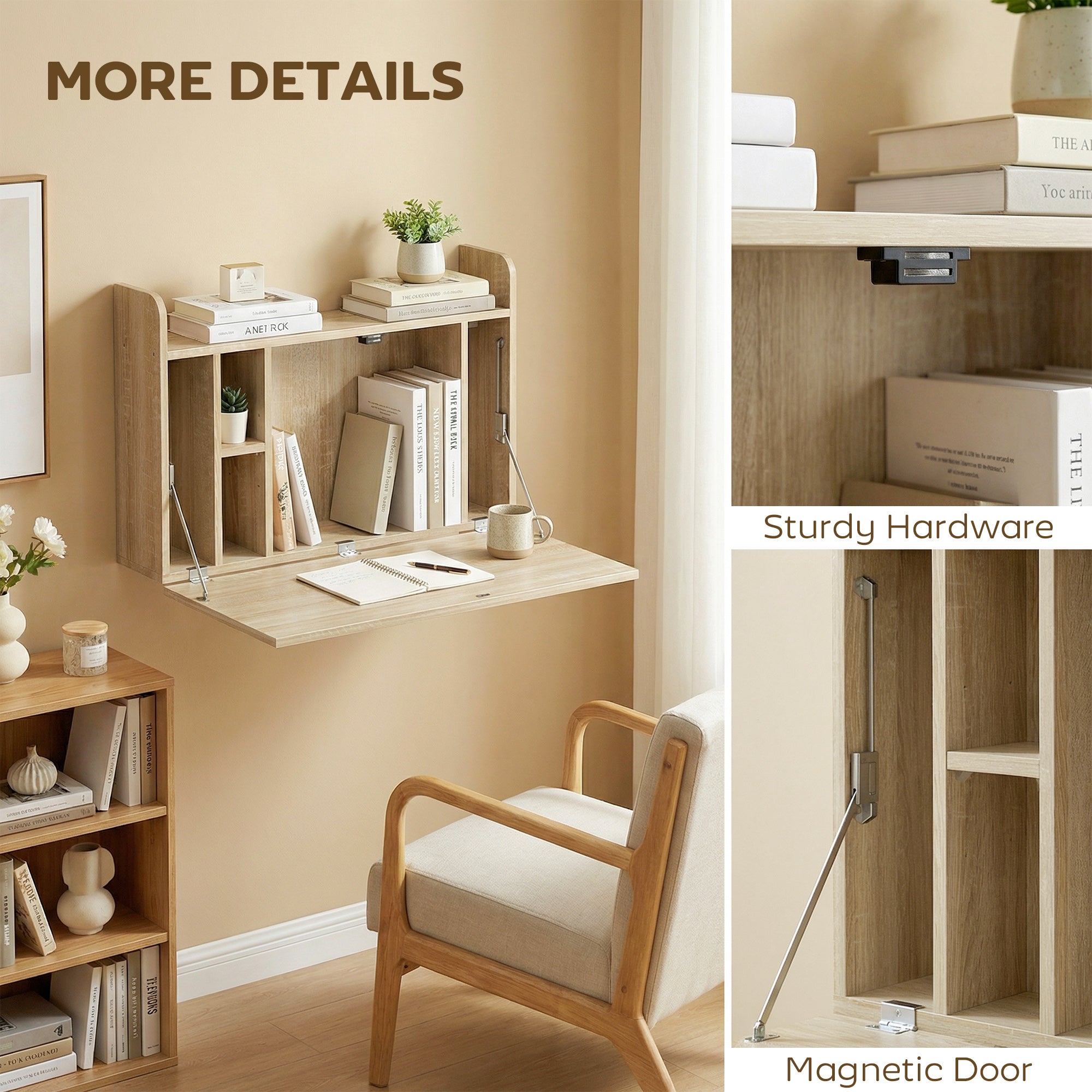 HOMCOM Wall Mounted Desk, Drop Leaf Floating Laptop Desk with Space Saving Storage Compartments for Home Office, Oak 