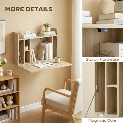 HOMCOM Wall Mounted Desk, Drop Leaf Floating Laptop Desk with Space Saving Storage Compartments for Home Office, Oak 