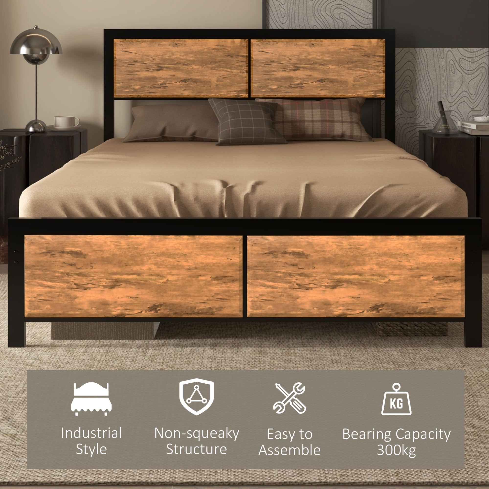 HOMCOM Industrial King Size Bed Frame, 5FT Steel Bed Base with Headboard, Footboard, Slatted Support and Under Bed Storage, 160 x 207cm, Rustic Brown 