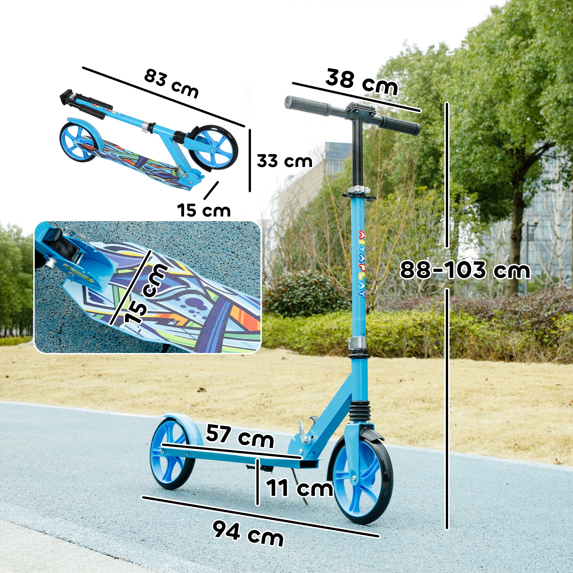 AIYAPLAY Foldable Kids Scooter with Adjustable Handlebar, 200mm Big Wheel, Rear Fender Brake, for Ages 6-12 Years, Blue 