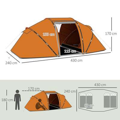 Outsunny 4-6 Man Camping Tent w/ Two Bedroom, Hiking Sun Shelter, UV Protection Tunnel Tent, Orange 
