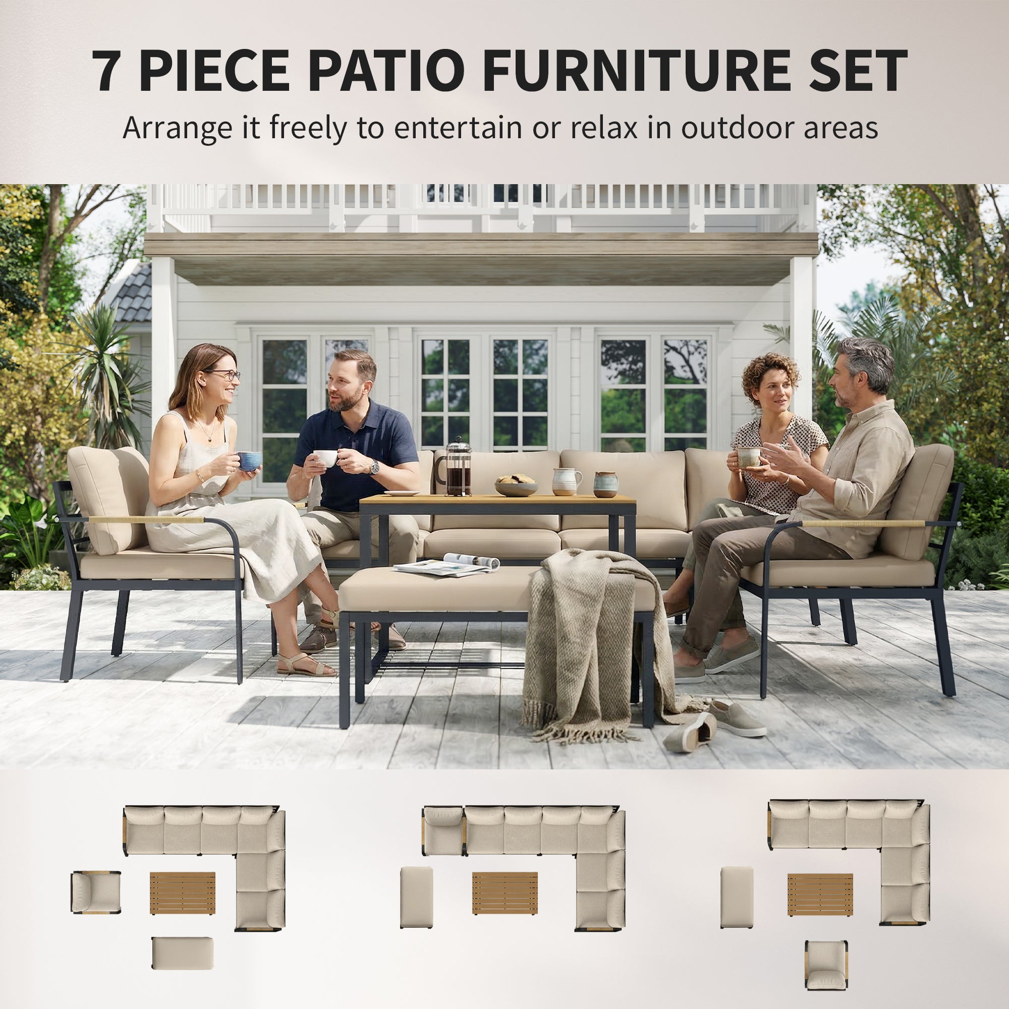 Outsunny 7 Seater Garden Furniture Set, Metal Garden Sofa Set with Cushions, Outdoor Furniture Conversation Sets, Khaki 