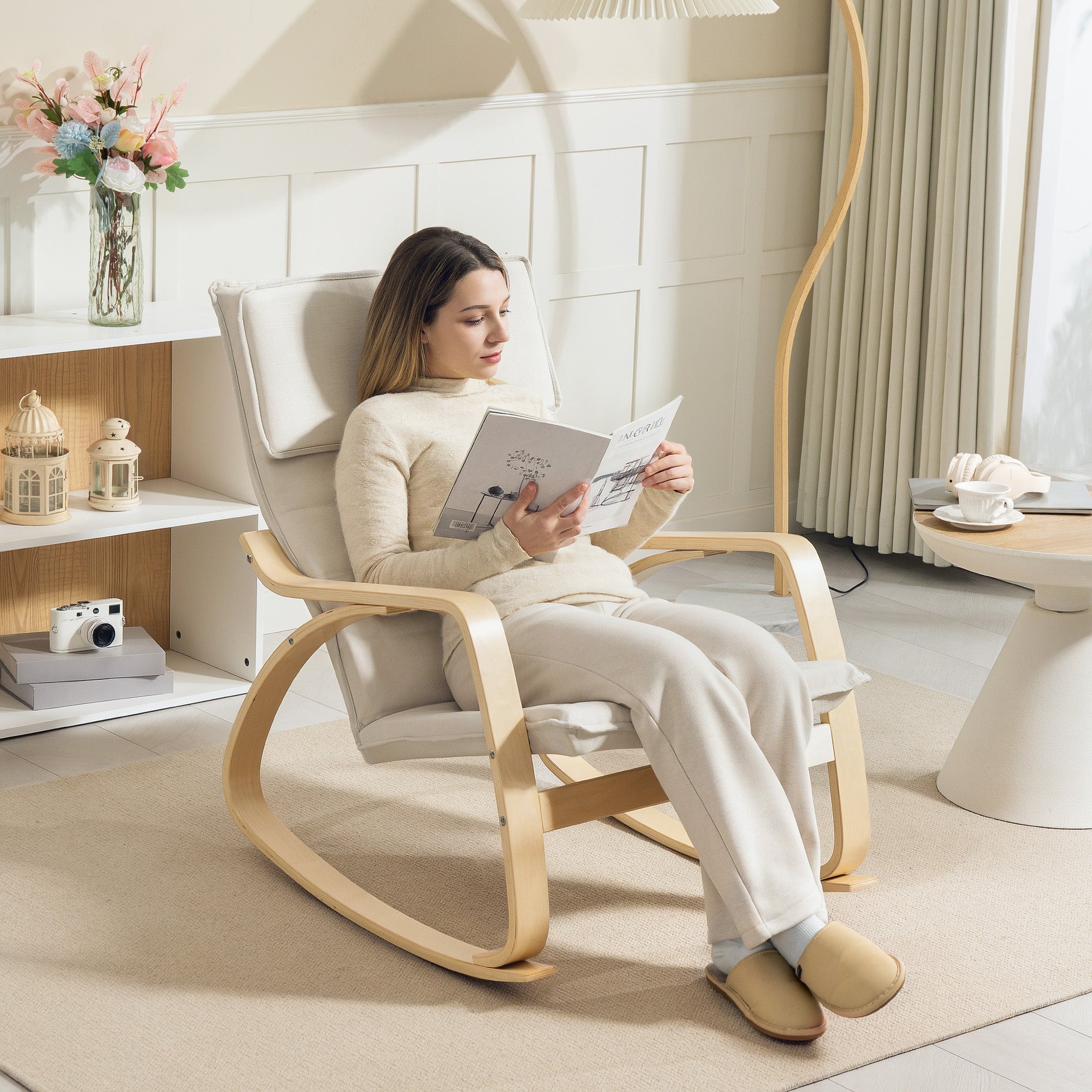 HOMCOM Comfortable Relax Rocking Chair, Upholstered Lounge Chair Recliner with High Back and Headrest for Living Room, Bedroom, Cream White 