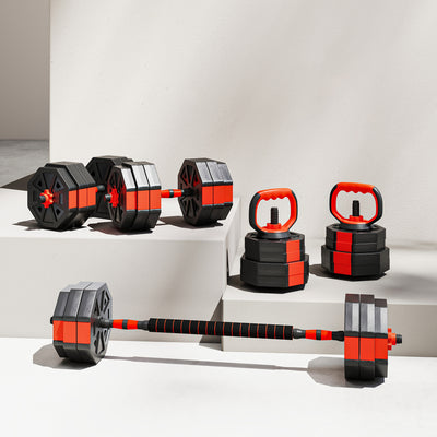 SPORTNOW 6-in-1 Adjustable Weight Dumbbells Set, Used as Kettlebell, Barbell, Dumbbell, Push-Up Stand, 30kg Free Weights Set for Men and Women Home Gym Training, Red 