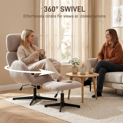 HOMCOM Swivel Armchair and Footstool Set, Height Adjustable Accent Chair with Adjustable Headrest, Rocking Function, Light Brown 