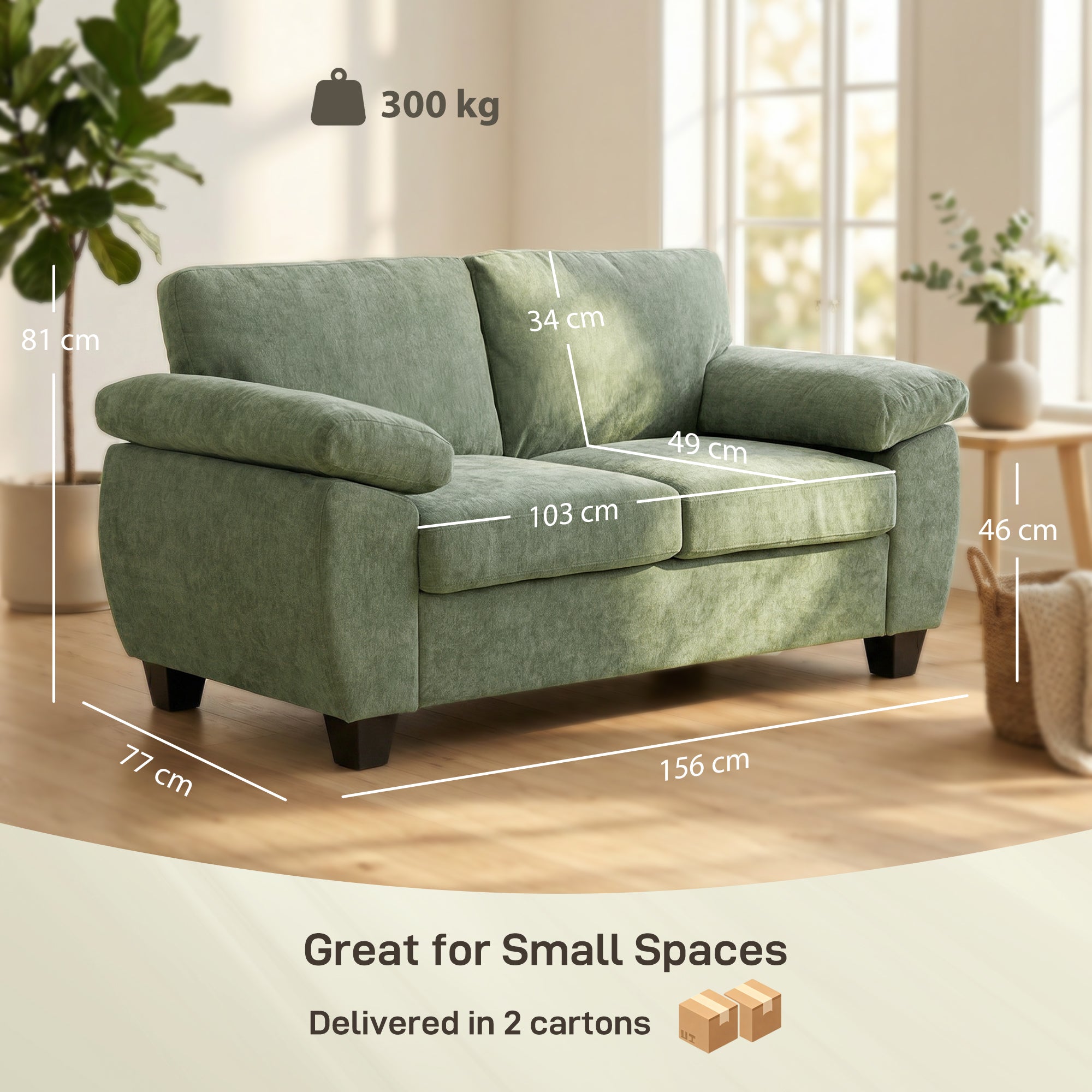 HOMCOM 2 Seater Sofa, 156cm Chenille Loveseat Sofa, Dark Green 