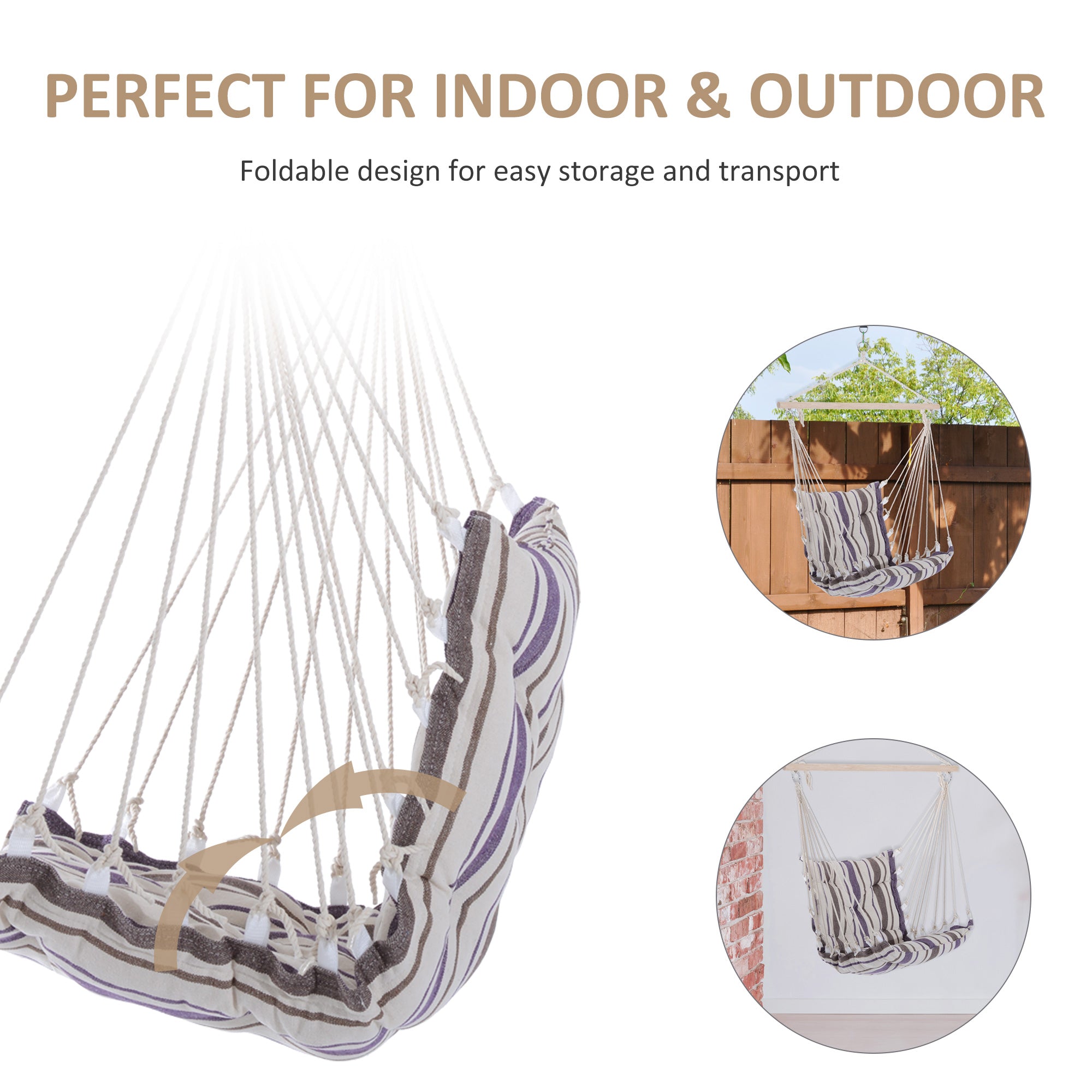 Outsunny Outdoor Hanging Rope Chair with Soft Padded Seat & Backrest, Garden Hammock Chair with Wooden Support Bar Cotton Cloth, Portable Garden Chair for Patio & Tree, Brown 