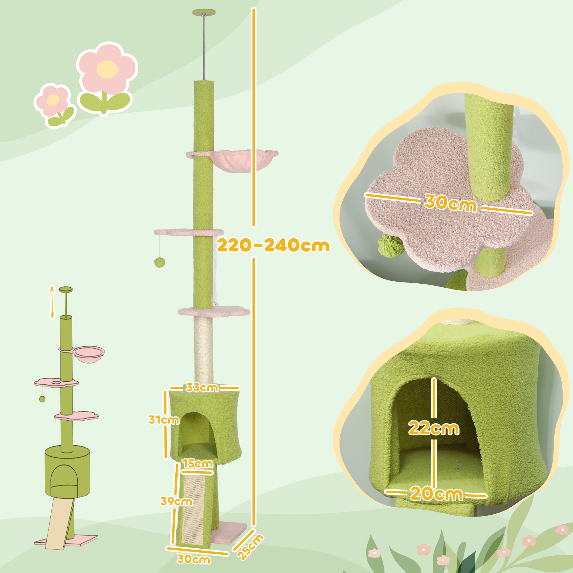 PawHut 220-240 cm Floor to Ceiling Cat Tree Adjustable Height with Hammock, Condo, Scratching Posts, Green 