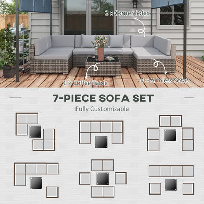 Outsunny Seven-Piece Rattan Garden Set, with Glass-Top Table - Mixed Grey 