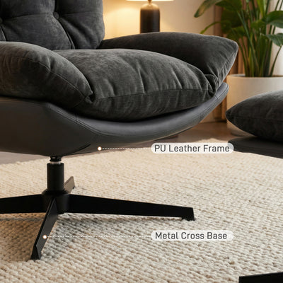 HOMCOM Accent Chair with Footstool, Swivel Lounge Chair with Chenille Upholstery, Metal Base, Dark Grey 
