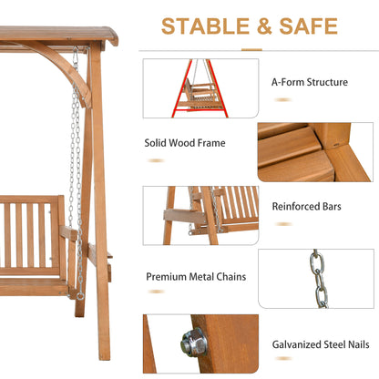 Outsunny 3 Seater Garden Swing Seat Wooden Swing Chair Hammock Bench Lounger with Canopy, Natural 