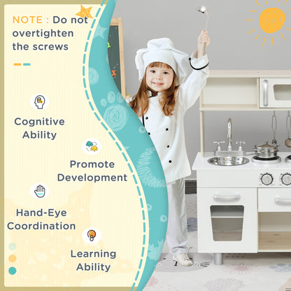 HOMCOM Kids Wooden Pretend Play Toy Kitchen Cooking Set Role Play Phone for Boys Girls White 