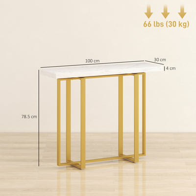 HOMCOM Console Table with Faux Marble Top, 100 cm Narrow Entryway Table with Anti-tipping Device, Steel Frame, White 