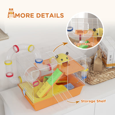 PawHut 3 Tiers Gerbil Cage, Hamster Cage with Tubes, Exercise Wheel, Ladder, Top Handle, 45 x 28 x 37cm - Orange 