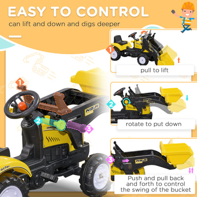 HOMCOM Pedal Go Kart Ride On Excavator W/ Front Loader Digger Four Wheels Child Toy, for 3 Years Old 