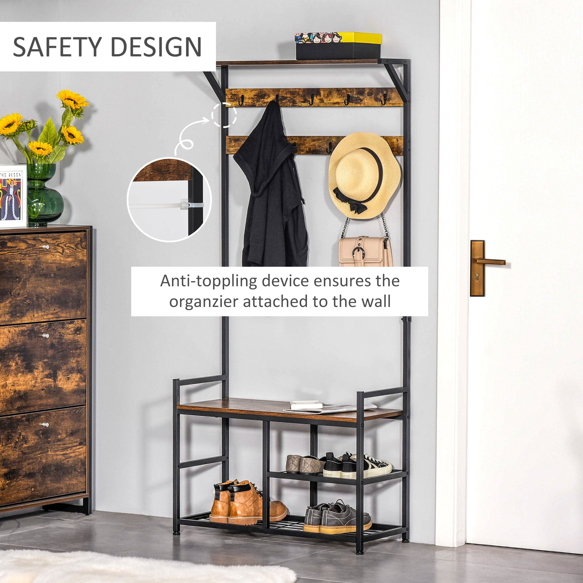 HOMCOM Coat Rack Stand Shoe Storage Bench with 9 Hooks Shelves for Bedroom Living Room Entryway Brown and Black 180cm 