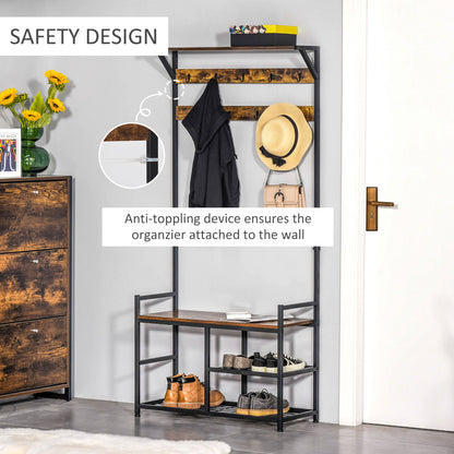 HOMCOM Coat Rack Stand Shoe Storage Bench with 9 Hooks Shelves for Bedroom Living Room Entryway Brown and Black 180cm 