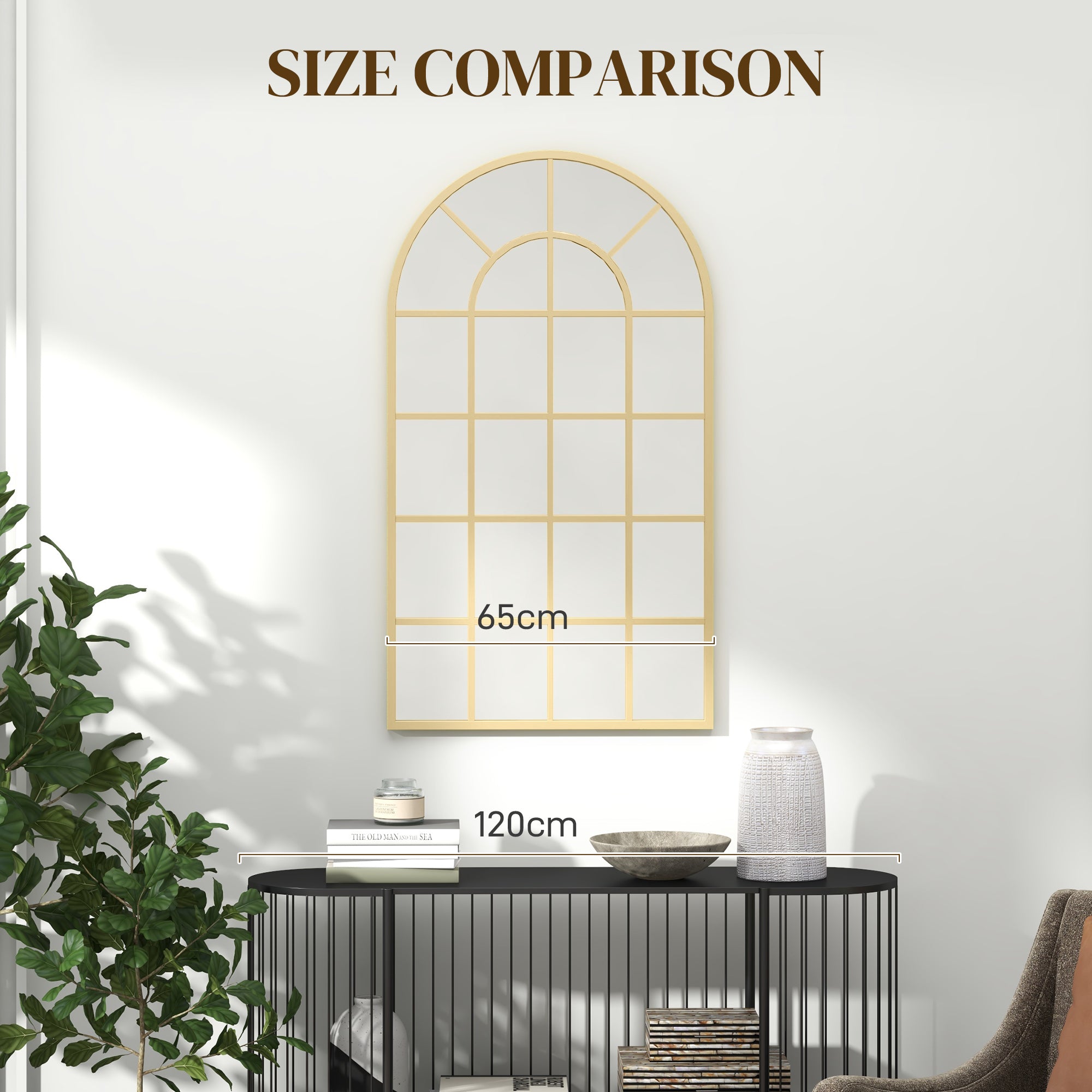 HOMCOM 110 x 65 cm Arched Decorative Wall Mirror for Bedroom Living Room, Modern Window Bathroom Mirror for Home Decor 