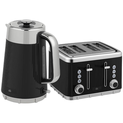 HOMCOM Electric Stainless Steel Kettle and Toaster Set, 3000W 1.7L UK Strix Thermostat Fast Boil Kettle w/ Limescale Filter, Cool Touch Body, 4 Slice Toaster with 7 Browning Levels, Crumb Tray, Black