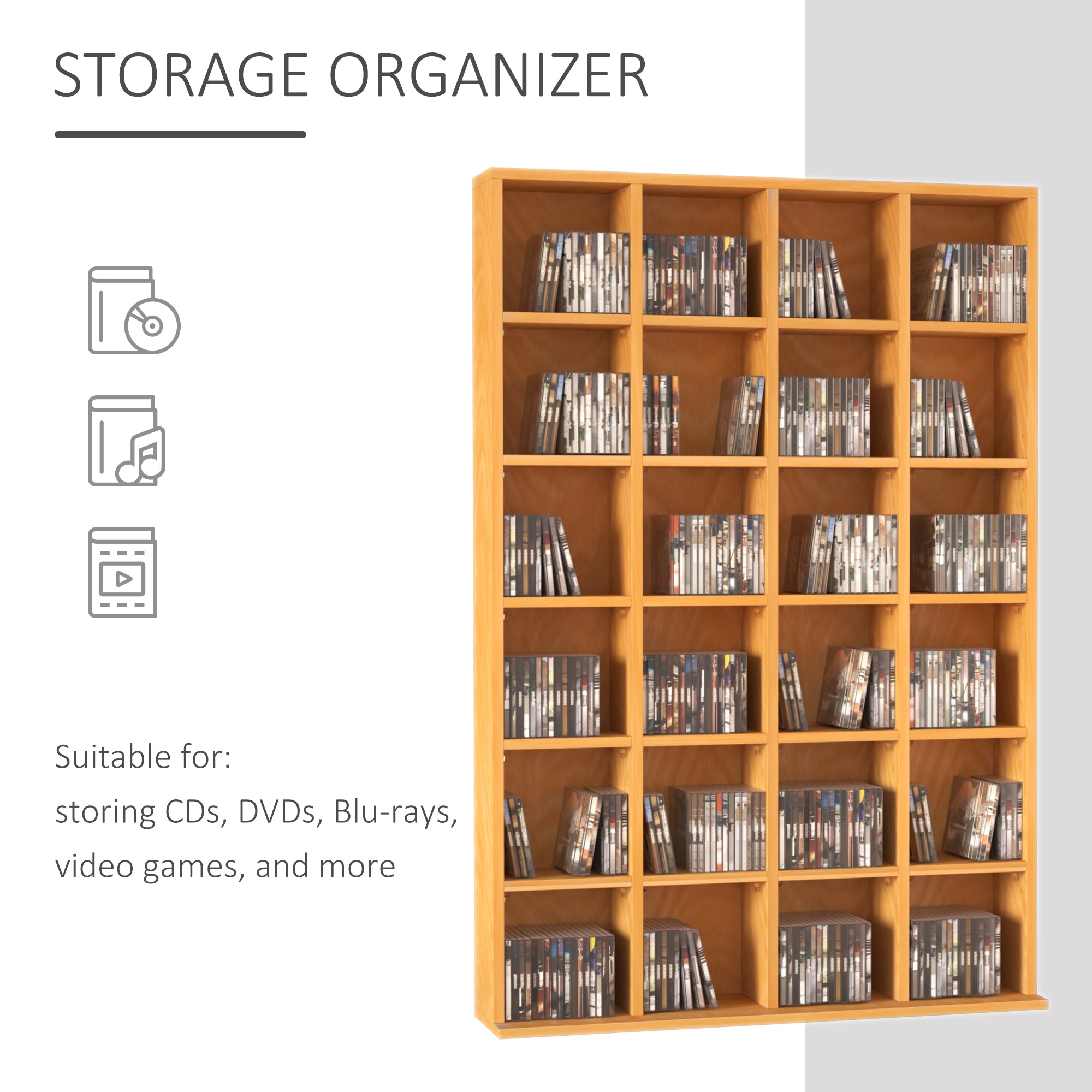 HOMCOM CD Storage Unit with Adjustable Shelves, 89 x 130.5 cm, Beech Wood Finish 