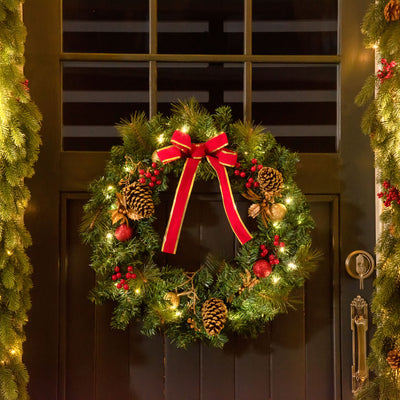 HOMCOM 60cm Pre-Lit Artificial Christmas Door Wreath Holly LED Decor Pine Cones Hanging Glittered Festival Indoor Outdoor Decoration 