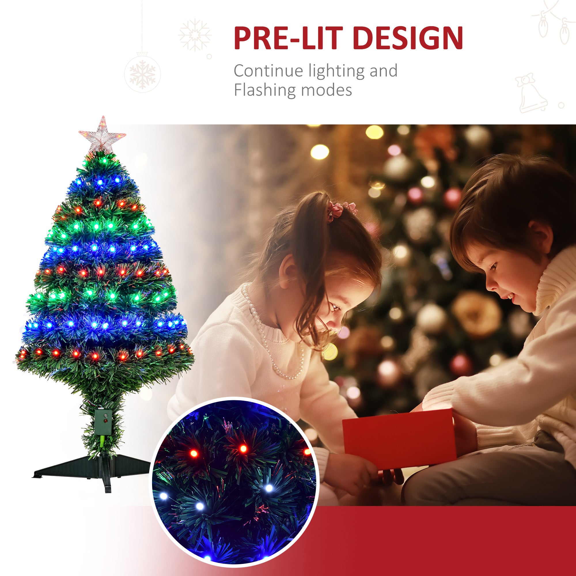 HOMCOM 3 Feet Prelit Artificial Christmas Tree with Multi-Coloured Fiber Optic LED Light, Holiday Home Xmas Decoration, Green 
