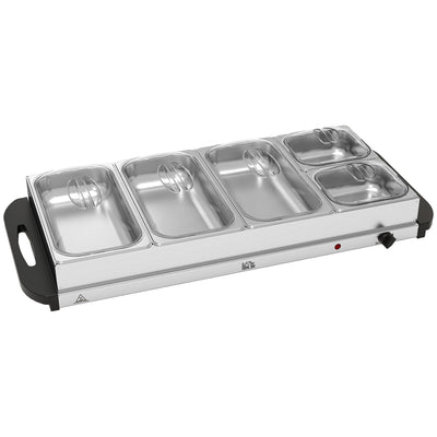 HOMCOM Electric Food Warmer 5 Tray, 9.2L Portable Buffet Server and Warming Tray with Lids, Adjustable Temperature Control and Cool Touch Handles, 450W, 3 x 2.4L and 2 x 1L, Silver Tone 