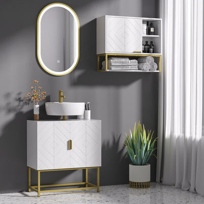 kleankin Bathroom Mirror Cabinet Under Sink Storage Cabinet Basin Cupboard with 2 Doors and Gold Steel Legs 