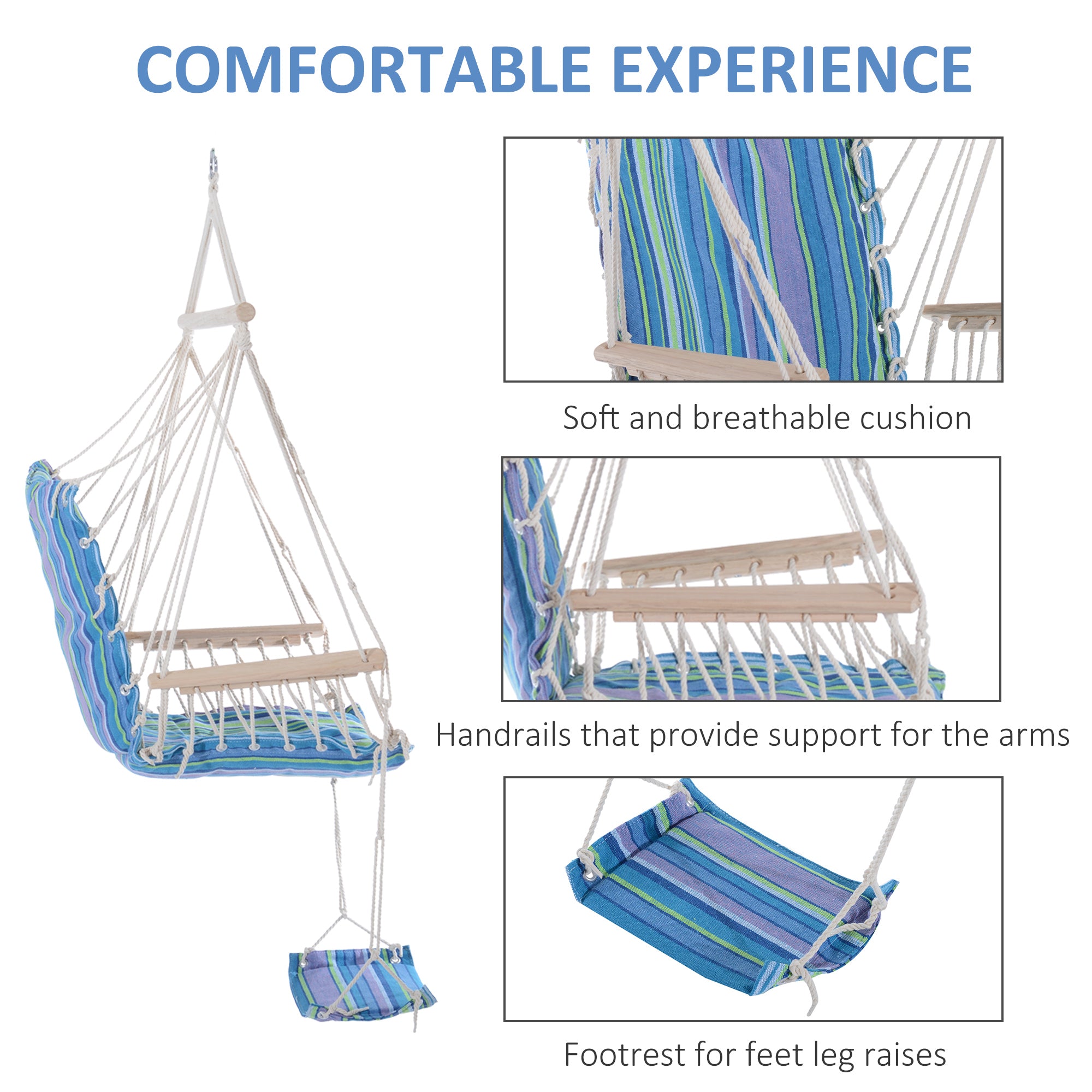 Outsunny Hanging Rope Chair with Soft Padded Seat & Backrest, Portable Garden Hammoc Chair with Wooden Support Bar, Armrests, Cotton Cloth, Footrest, for Patio & Tree, Blue 