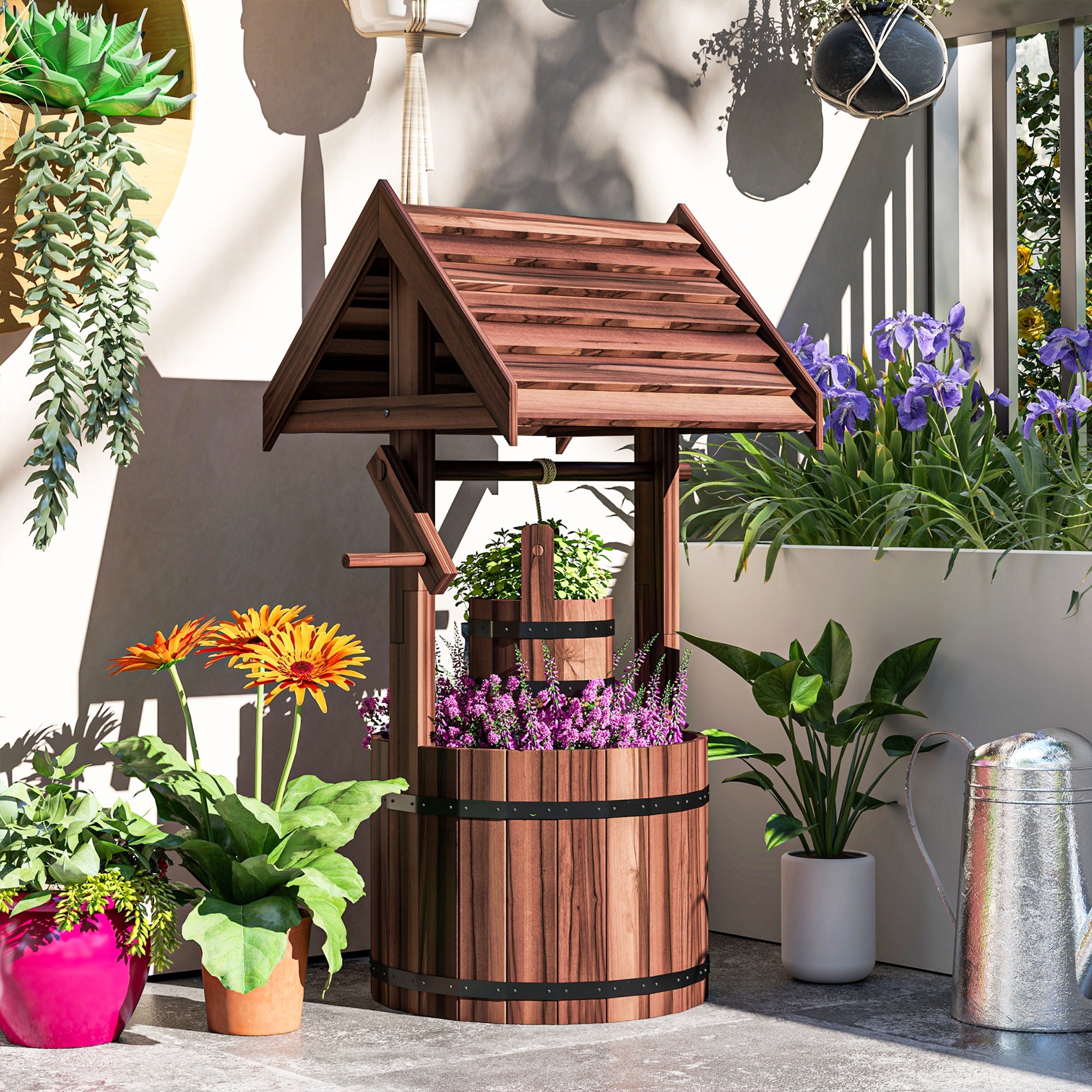 Outsunny Wood Wishing Well for Outside with Hanging Bucket, Wishing Well Planter with Drain Hole for Garden Patio, Carbonized 